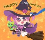  1girl :3 :d alina_gray animalization bad_id bad_twitter_id black_cape black_headwear black_shirt black_sleeves blush broom broom_riding candy cape cat chibi crop_top detached_sleeves food gera-magia halloween happy_halloween hat holding holding_paintbrush jack-o&#039;-lantern lollipop magia_record:_mahou_shoujo_madoka_magica_gaiden magical_girl mahou_shoujo_madoka_magica misono_karin open_mouth paintbrush parted_bangs pink_ribbon pleated_skirt purple_hair purple_thighhighs ribbon shirt skirt smile solo star_(symbol) striped striped_thighhighs swirl_lollipop thigh-highs two_side_up violet_eyes white_skirt witch_hat 