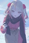  1girl agas_(vpwt7475) black_scarf highres jacket makaino_ririmu multicolored_hair nijisanji pink_jacket pointy_ears scarf snowing streaked_hair virtual_youtuber 