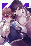  2boys belial_(granblue_fantasy) belt black_hair black_jacket black_pants brown_hair collared_shirt cup disposable_cup drinking drinking_straw earrings gran_(granblue_fantasy) granblue_fantasy grey_shirt highres holding holding_cup jacket jewelry kishire0324 large_pectorals male_focus multiple_boys multiple_rings muscular muscular_male open_clothes open_jacket pants pectorals ring shirt short_hair sunglasses tinted_eyewear v white_belt white_jacket 