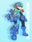  1boy arm_cannon arms_at_sides assembling blue_background bodysuit frown full_body green_eyes legs_apart looking_at_viewer male_focus mega_man_(series) mega_man_battle_network megaman.exe nakayama_tooru one_eye_covered solo weapon 