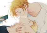 2boys 961_masashi black_shirt blonde_hair cellphone given holding holding_phone kaji_akihiko kiss male_focus multiple_boys nakayama_haruki phone shirt simple_background white_background white_shirt yaoi