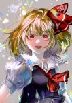 1girl :d absurdres ascot blonde_hair blush breasts fangs grey_background hair_ribbon highres medium_hair nostrils open_mouth puffy_short_sleeves puffy_sleeves red_ascot red_eyes red_ribbon ribbon rumia short_sleeves sidelighting simple_background small_breasts smile solo soyohito touhou upper_body 