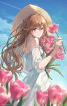  1girl bare_shoulders blue_sky blurry blurry_foreground bouquet breasts brown_eyes brown_hair chin_strap clouds commentary contrail cowboy_shot day dress earrings english_commentary floating_hair flower flower_earrings frilled_dress frills from_side hagiwara_rin hair_between_eyes hat highres holding holding_bouquet holding_flower jewelry long_hair looking_at_viewer looking_to_the_side off-shoulder_dress off_shoulder original outdoors parted_lips pink_flower short_sleeves sky small_breasts smile solo standing straw_hat sun_hat tulip twitter_username very_long_hair white_dress 