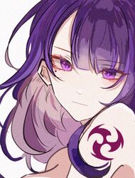  1girl bare_shoulders blunt_bangs close-up genshin_impact looking_at_viewer mitsudomoe_(shape) mole mole_under_eye purple_hair raiden_shogun simple_background solo tomoe_(symbol) violet_eyes white_background xiaoyu37010 