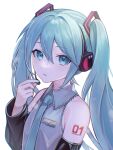  1girl aqua_eyes aqua_hair aqua_nails aqua_necktie bare_shoulders black_sleeves breasts collared_shirt detached_sleeves grey_shirt hair_between_eyes hair_ornament hand_up hatsune_miku headphones headset highres holding holding_microphone long_hair looking_at_viewer microphone necktie number_tattoo parted_lips shirt shoulder_tattoo simple_background sleeveless sleeveless_shirt small_breasts solo tattoo twintails upper_body vocaloid vs0mr white_background 