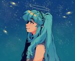  1girl aqua_hair bare_shoulders black_eyes from_side galaxy gradient_sky halo hatsune_miku headphones highres linmiee long_hair looking_away shirt sky sleeveless solo star_(sky) starry_sky striped striped_shirt torn_clothes torn_sleeves twintails vest vocaloid 