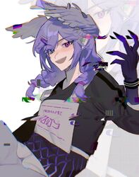  black_nails black_sweater blue_eyes braid chromatic_aberration commentary fangs fingernails glitch hair_behind_ear hair_ornament hairclip head_wings heterochromia highres k_hku long_fingernails long_sleeves medium_hair nijisanji nijisanji_en open_hand open_mouth pants pointy_ears purple_pants race_bib selen_tatsuki smile sweater symbol-only_commentary twin_braids violet_eyes virtual_youtuber white_background wristband zoom_layer 