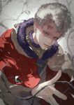  1boy black_clover capelet fur-trimmed_capelet fur_trim highres parted_lips plant scar scar_on_face short_hair smile solo tdgypm violet_eyes white_hair william_vangeance yellow_capelet 