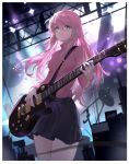  1girl black_skirt blue_eyes bocchi_the_rock! closed_mouth commentary_request cowboy_shot cube_hair_ornament electric_guitar gotou_hitori guitar hair_ornament highres holding holding_instrument instrument jacket long_hair long_sleeves looking_at_viewer meinoss music one_side_up pink_hair pink_jacket playing_instrument skirt solo track_jacket 