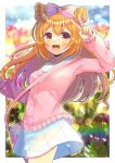  1girl :d arm_up bag blurry blurry_background blush bow breasts brown_eyes cardigan commentary_request commission cowboy_shot depth_of_field hair_between_eyes hair_bow kou_hiyoyo long_hair long_sleeves looking_at_viewer orange_hair original pink_bow pink_cardigan pleated_skirt puffy_long_sleeves puffy_sleeves sailor_collar shoulder_bag skeb_commission skirt sleeves_past_wrists small_breasts smile solo standing v very_long_hair white_sailor_collar white_skirt 