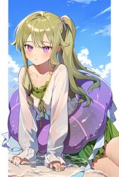  1girl azit_(down) bikini blush closed_mouth green_hair hair_ornament highres innertube kusanagi_nene long_hair long_sleeves ponytail project_sekai shirt solo swimsuit violet_eyes white_shirt 