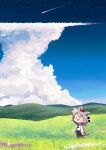  1girl animal_ears bare_shoulders black_eyes blush blush_stickers carte clouds cumulonimbus_cloud detached_sleeves field hat highres inubashiri_momiji open_mouth pom_pom_(clothes) scenery shirt shooting_star short_hair solid_circle_eyes solo tail tokin_hat touhou white_hair wolf_ears wolf_girl wolf_tail 