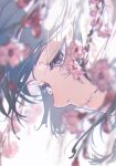  1girl absurdres blurry blurry_background blurry_foreground branch brown_eyes cherry_blossoms close-up eyelashes film_grain flower grey_hair highres looking_away looking_down original parted_lips pink_flower solo yoneyama_mai 
