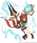  1girl 2021 absurdres animal_ears arcana_tactics belt black_gloves black_shorts black_socks book brown_belt brown_eyes brown_footwear brown_hair capelet commentary copyright fake_animal_ears full_body fur_collar gem gloves gold_trim grandmaster_(arcana_tactics) hands_up heterochromia highres holding holding_polearm holding_weapon hood hood_up long_sleeves looking_at_viewer magic official_art open_book open_mouth polearm puffy_long_sleeves puffy_sleeves red_capelet red_gemstone red_hood romana shirt short_hair shorts simple_background socks solo weapon white_background white_shirt yellow_eyes 
