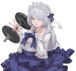  1girl ak-15_(girls&#039;_frontline) breasts clenched_hand dumbbell frilled_headwear frilled_shirt frilled_skirt frills girls_frontline grey_hair hair_over_one_eye hands_up highres holding long_hair long_sleeves looking_at_viewer purple_skirt ribbon shirt simple_background skirt small_breasts smile solo violet_eyes w white_background white_shirt zerowill 