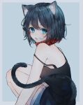  1girl animal_cllar animal_ears black_camisole black_hair blue_eyes blue_shorts camisole cat_ears cat_girl cat_tail fang highres looking_at_viewer open_mouth short_hair shorts strap_slip tail wako_morino 