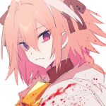  1boy astolfo_(fate) blood blood_in_hair blood_on_clothes closed_mouth empty_eyes fate/grand_order fate_(series) frown hair_between_eyes hair_ribbon highres koyashaka looking_at_viewer male_focus multicolored_hair otoko_no_ko ribbon simple_background solo streaked_hair upper_body violet_eyes white_background 