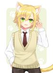  1boy :d animal_ear_fluff animal_ears blonde_hair brown_necktie brown_pants cat_boy cat_ears cat_tail collared_shirt cowboy_shot green_eyes grey_background hair_between_eyes hand_up highres kemonomimi_mode long_sleeves looking_at_viewer male_focus necktie nijisanji pants paw_print paw_print_background school_uniform shikito shirt smile solo sweater_vest tail two-tone_background uzuki_kou v-shaped_eyebrows virtual_youtuber white_background white_shirt 