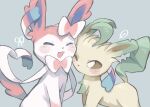  :3 ^_^ animal_focus blush blush_stickers bow bowtie brown_sclera cheek-to-cheek closed_eyes colored_sclera commentary_request fang grey_background hair_bow happy heads_together heart_ribbon highres leafeon looking_at_another mame_(pixiv_57985908) no_humans notched_ear one_eye_closed open_mouth partial_commentary pink_bow pink_bowtie pokemon pokemon_(creature) ribbon simple_background sitting smile standing sylveon upper_body white_eyes white_ribbon 