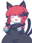  1girl ;3 ;d animal_ears black_bow black_dress bow braid cat_ears cat_girl cat_tail chahan_(fried_rice0614) dress fang hair_bow highres kaenbyou_rin long_sleeves multiple_tails nekomata one_eye_closed open_mouth red_eyes redhead side_braids simple_background smile solo tail touhou twin_braids two_tails white_background 