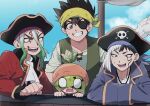  1girl 3boys :d absurdres asagiri_gen black_hair blank_eyes blue_sky brown_eyes brown_hair chrome_(dr._stone) clouds dr._stone eyepatch facial_mark gradient_hair green_hair green_vest grey_eyes hat highres ishigami_senkuu jacket kojirou_(kojirou_sousaku) long_sleeves multicolored_hair multiple_boys open_mouth orange_eyes pirate pirate_hat shirt sky smile spiky_hair split-color_hair suika_(dr.stone) sweat sweating_profusely two-tone_hair v-shaped_eyebrows vest white_hair white_shirt 