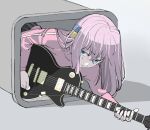  1girl black_skirt blue_eyes bocchi_the_rock! closed_mouth cube_hair_ornament electric_guitar gotou_hitori grey_background guitar hair_bobbles hair_ornament highres holding holding_instrument holding_plectrum in_trash_can instrument jacket kagu_(lanthrot) long_hair long_sleeves looking_at_viewer lying nervous on_stomach pink_hair pink_jacket pleated_skirt plectrum shadow simple_background skirt solo sweat track_jacket upturned_eyes 