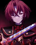  1boy alear_(fire_emblem) alear_(male)_(fire_emblem) blood blood_on_face blood_on_weapon closed_mouth fire_emblem fire_emblem_engage gold_trim hair_between_eyes highres holding holding_sword holding_weapon looking_at_viewer motiumai past_alear_(male) red_eyes redhead short_hair solo sword weapon 
