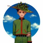  1boy bella_scottland brown_eyes clouds cloudy_sky gon_freecss green_hair green_jacket green_shorts hunter_x_hunter jacket leaf_hat looking_at_viewer male_child male_focus short_hair shorts sky smile spiky_hair 
