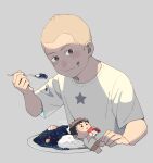  1boy absurdres black_eyes blush character_doll chibi curry curry_rice dated eating food grey_background highres kani6850 light_brown_hair nanba_hibito nanba_mutta rice shirt short_hair simple_background solo spoon t-shirt uchuu_kyoudai white_shirt 