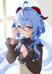  1girl absurdres adjusting_eyewear ahoge black_bow black_shirt blue_hair bow frilled_shirt frilled_sleeves frills ganyu_(china_merchants_bank)_(genshin_impact) ganyu_(genshin_impact) genshin_impact glasses high-waist_skirt highres hkd_wan horns long_hair long_sleeves looking_at_viewer parted_lips red-framed_eyewear shirt shirt_tucked_in sidelocks skirt smile solo turtleneck upper_body violet_eyes white_skirt window 