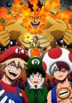  0ksiri0 5boys bakugou_katsuki blonde_hair boku_no_hero_academia bowser bowser_(cosplay) bowser_jr. bowser_jr._(cosplay) burn_scar clenched_hands commentary_request cosplay cross endeavor_(boku_no_hero_academia) fire fire_flower freckles gloves green_eyes green_hair green_headwear green_shirt hands_on_own_face hat highres holding long_sleeves luigi luigi_(cosplay) male_focus mario mario_(cosplay) multicolored_hair multiple_boys official_style open_mouth overalls red_eyes red_headwear red_shirt redhead scar scar_on_face shirt short_hair smile spiky_hair split-color_hair super_mario_bros. teeth toad_(mario) toad_(mario)_(cosplay) upper_body watermark white_gloves white_hair 