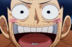  1boy :d aged_up alternate_facial_hair close-up dagsop derivative_work facial_hair looking_at_viewer male_focus monkey_d._luffy one_piece screencap_redraw short_hair smile solo stubble subtitled wrinkled_skin 