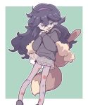  1girl backpack bag big_hair eevee feet_out_of_frame fusion hex_maniac_(pokemon) highres hood hoodie long_hair messy_hair orenji_(wholesomeorenji) own_hands_clasped own_hands_together pantyhose penny_(pokemon) pokemon pokemon_(game) pokemon_sv pokemon_xy print_pantyhose round_eyewear see-through see-through_skirt simple_background skirt solo very_long_hair violet_eyes 