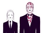  1boy 1girl bella_scottland black_suit blonde_hair blood blood_on_clothes blood_on_face bow bowtie eyelashes formal hair_slicked_back hunter_x_hunter lipstick looking_at_another looking_at_viewer makeup monochrome necktie shirt short_hair simple_background suit theta_(hunter_x_hunter) tserriednich_hui_guo_rou upper_body white_shirt 
