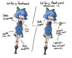  1girl angry ascot barefoot before_and_after blue_dress blue_hair bound bow cirno collared_shirt commentary desert_eagle dress english_commentary english_text flat_chest full_body green_bow gun hair_bow handgun holding holding_gun holding_weapon ice ice_wings looking_at_viewer notnoe_(dxcl) open_mouth pinafore_dress puffy_short_sleeves puffy_sleeves red_ascot shirt short_hair short_sleeves simple_background sleeveless sleeveless_dress sword teeth tied_up_(nonsexual) touhou v-shaped_eyebrows weapon white_background white_shirt wings 