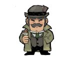  1boy ace_attorney bowler_hat chibi closed_eyes coat collared_shirt facial_hair fish_and_chips food full_body green_coat green_necktie grey_hair hand_in_pocket hat holding holding_food long_sleeves male_focus mustache necktie old old_man shirt short_hair simple_background solo standing the_great_ace_attorney thick_eyebrows tobias_gregson wahootarou white_background white_shirt 
