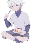  1boy absurdres bishounen blue_eyes blue_shirt cake cake_slice closed_mouth eating food fork highres holding holding_fork holding_plate hunter_x_hunter indian_style killua_zoldyck kojirou_(kojirou_sousaku) looking_at_viewer male_focus messy_hair plate shirt shoes shorts sitting solo white_hair white_shirt 