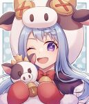  1girl ;d animal_ears blue_hair bonnet breasts commentary cow cow_hood fur-trimmed_gloves fur_trim gloves highres looking_at_viewer mahiru_(princess_connect!) one_eye_closed open_mouth princess_connect! red_mittens runa_(runa7733) smile solo star-shaped_pupils star_(symbol) stuffed_toy symbol-shaped_pupils teeth twitter_username upper_teeth_only violet_eyes 