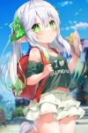  1girl backpack bag blue_sky blush breasts closed_mouth clothes_writing clouds cross-shaped_pupils day eating food genshin_impact gradient_hair green_eyes green_hair green_shirt green_skirt grey_hair hair_between_eyes hair_ornament highres holding holding_food leaf_hair_ornament long_hair looking_at_viewer multicolored_hair nahida_(genshin_impact) navel outdoors pointy_ears randoseru shirt side_ponytail sironora skirt sky small_breasts solo symbol-shaped_pupils white_footwear 