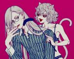  2others androgynous animal_ears bella_scottland blue_bra blue_eyes blue_panties bra cat_ears cat_tail chimera_ant collared_shirt curly_hair glasses hair_between_eyes hand_on_own_face hunter_x_hunter joints kite_(hunter_x_hunter) lipstick long_hair long_sleeves looking_at_another makeup multiple_others neferpitou nude other_focus panties purple_background red_eyes red_lips see-through_bra see-through_panties shirt short_hair simple_background smile striped striped_shirt tail tickling underwear white_hair 