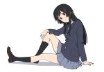  1girl akiyama_mio black_eyes black_hair black_socks blazer blue_jacket blue_ribbon brown_footwear closed_mouth collared_shirt commentary_request from_side full_body grey_skirt jacket k-on! knee_up kneehighs loafers long_hair long_sleeves looking_at_viewer looking_to_the_side mfb pleated_skirt ribbon sakuragaoka_high_school_uniform school_uniform shirt shoes sidelocks simple_background sitting skirt smile socks solo vest white_background white_shirt winter_uniform yellow_vest 