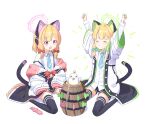  2girls animal_ear_headphones animal_ears barrel black_shorts black_skirt blonde_hair blood blood_from_mouth blue_archive blue_necktie bow bright_pupils cat_ear_headphones cat_tail closed_eyes collared_shirt cro0703 fake_animal_ears frilled_jacket frills green_bow hair_bow halo headphones highres hood hooded_jacket jacket lace-trimmed_skirt lace_trim long_sleeves midori_(blue_archive) momoi_(blue_archive) multicolored_clothes multicolored_jacket multiple_girls necktie open_mouth parted_bangs peroro_(blue_archive) pink_eyes pleated_skirt pop-up_pirate red_bow shirt shirt_tucked_in shorts siblings simple_background sisters sitting skirt suspenders tail thigh-highs toy toy_sword twins wariza white_background white_pupils white_shirt wide_sleeves 