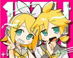  1boy 1girl ahoge arm_around_shoulder bare_shoulders black_sailor_collar blonde_hair blue_eyes bow brother_and_sister commentary_request drop_shadow fang finger_heart flipped_hair grin hair_bow hair_ornament hairclip hand_up head_tilt headphones heads_together highres jitome kagamine_len kagamine_rin light_blush looking_at_viewer low_ponytail microphone neckerchief nemuri_(jdq5e) no_pupils open_mouth pink_background portrait sailor_collar shirt shooting_star_(symbol) short_hair short_ponytail short_sleeves siblings sleeveless sleeveless_shirt smile sparkle swept_bangs vocaloid white_bow white_shirt yellow_nails yellow_neckerchief 
