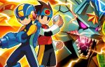  2boys arm_cannon brown_eyes brown_hair capcom colored_sclera cover green_eyes gregar_(mega_man) helmet lan_hikari_(mega_man) light_frown lightning looking_at_viewer male_focus mega_man_(series) mega_man_battle_network mega_man_battle_network_5 megaman.exe multiple_boys official_art purple_sclera sharp_teeth short_hair smile teeth textless_version video_game_cover weapon 