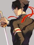  1boy ace_attorney armband black_eyes black_hair black_jacket closed_mouth grey_background headband holding holding_sword holding_weapon jacket katana kazuma_asogi long_sleeves male_focus red_headband short_hair simple_background solo sword the_great_ace_attorney upper_body wahootarou weapon 