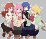  4girls ahoge black_jacket black_shirt blonde_hair blue_eyes blue_hair blue_skirt bocchi_the_rock! bow brown_eyes brown_footwear collared_shirt cube_hair_ornament flying_sweatdrops gotou_hitori green_jacket grey_background grey_skirt grin hair_between_eyes hair_ornament hands_on_another&#039;s_shoulders highres holding_hands ijichi_nijika jacket kita_ikuyo loafers long_hair long_sleeves mole mole_under_eye multiple_girls nekoolantern notice_lines one_side_up open_mouth pink_hair pleated_skirt red_bow redhead school_uniform shimokitazawa_high_school_uniform shirt shirt_tucked_in shoes short_hair shuka_high_school_uniform side_ponytail sidelocks simple_background skirt smile socks sweatdrop white_jacket white_shirt white_socks yamada_ryou yellow_eyes 