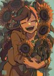  1girl :d ace_attorney athena_cykes blue_hairband closed_eyes crescent crescent_earrings earrings facing_viewer flower hair_ribbon hairband happy holding holding_flower jacket jewelry long_hair long_sleeves necklace oekakisagi open_mouth orange_hair ribbon side_ponytail single_earring smile solo sunflower upper_body yellow_flower yellow_jacket 
