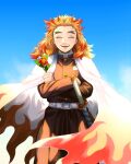  1boy :d ^_^ black_pants blonde_hair blue_sky cape closed_eyes closed_mouth colored_tips commentary cowboy_shot crossed_arms dated_commentary demon_slayer_uniform facing_viewer flame_print flower flower_request forked_eyebrows happy haruki_sugiura highres holding holding_flower katana kimetsu_no_yaiba long_sleeves male_focus medium_hair multicolored_hair open_mouth pants red_flower redhead rengoku_kyoujurou sky smile solo standing streaked_hair sword weapon white_cape wind 