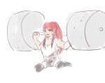  1girl barbell bare_shoulders biceps collarbone exercise grin konjiki_no_gash!! konjiki_no_gash!!_2 long_hair okamura_haru pink_hair ponytail red_eyes sidelocks smile solo strong sweat tank_top tio_(konjiki_no_gash!!) upper_body weightlifting white_tank_top 