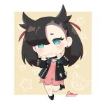  1girl absurdres aqua_eyes black_hair blush chibi dated dress earrings full_body gravity_rose grin heart highres jewelry looking_at_viewer marnie_(pokemon) pink_dress pokemon pokemon_(game) pokemon_swsh smile solo star_(symbol) twintails undercut 